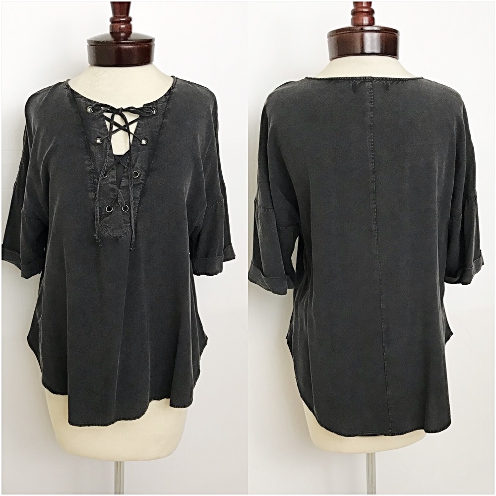Relaxed Sexy Boho Lace Up Acid Wash Top SMLXL - Picture 5 of 7